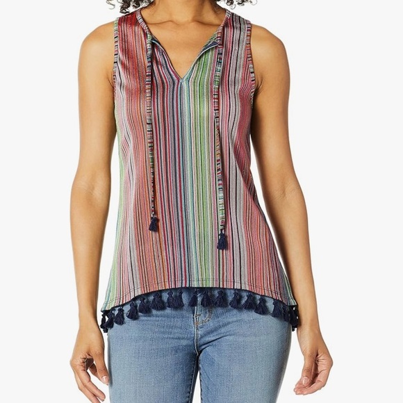 Trina Turk Ariel Raschel Knit Multi Stripe Tank Top Women XL Tassels Casual Boho - Picture 8 of 8